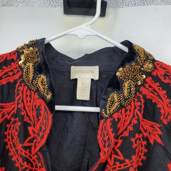 Chico's Red and Black Collectibles Embroidered Paisley Print Jacket M Petite - Picture 7 of 12